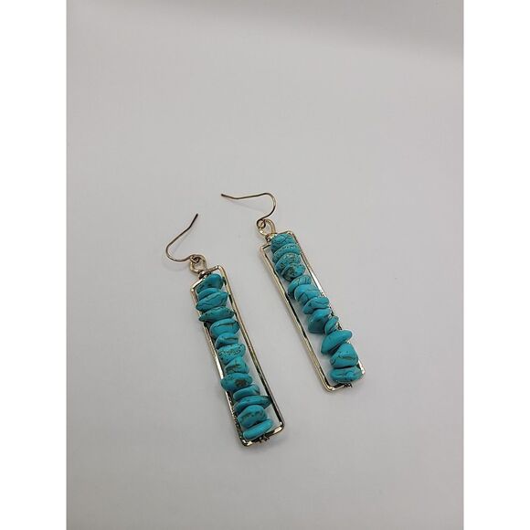 Vintage Blue Chip Bar Earrings Gold Tone Rectangular Dangle Boho Pierced Jewelry - Picture 6 of 11